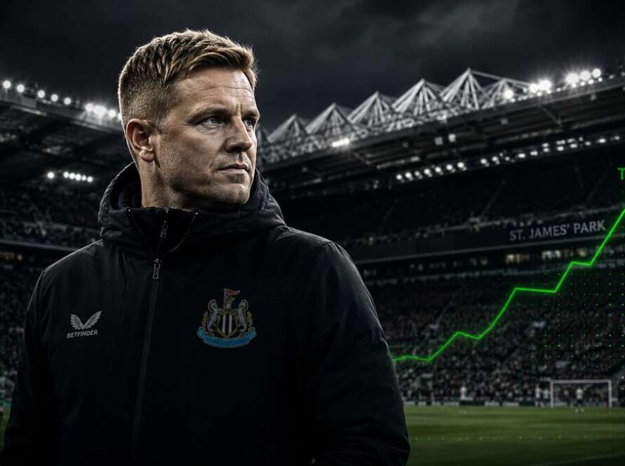 Eddie Howe at St James’ Park with green top four betting graphic