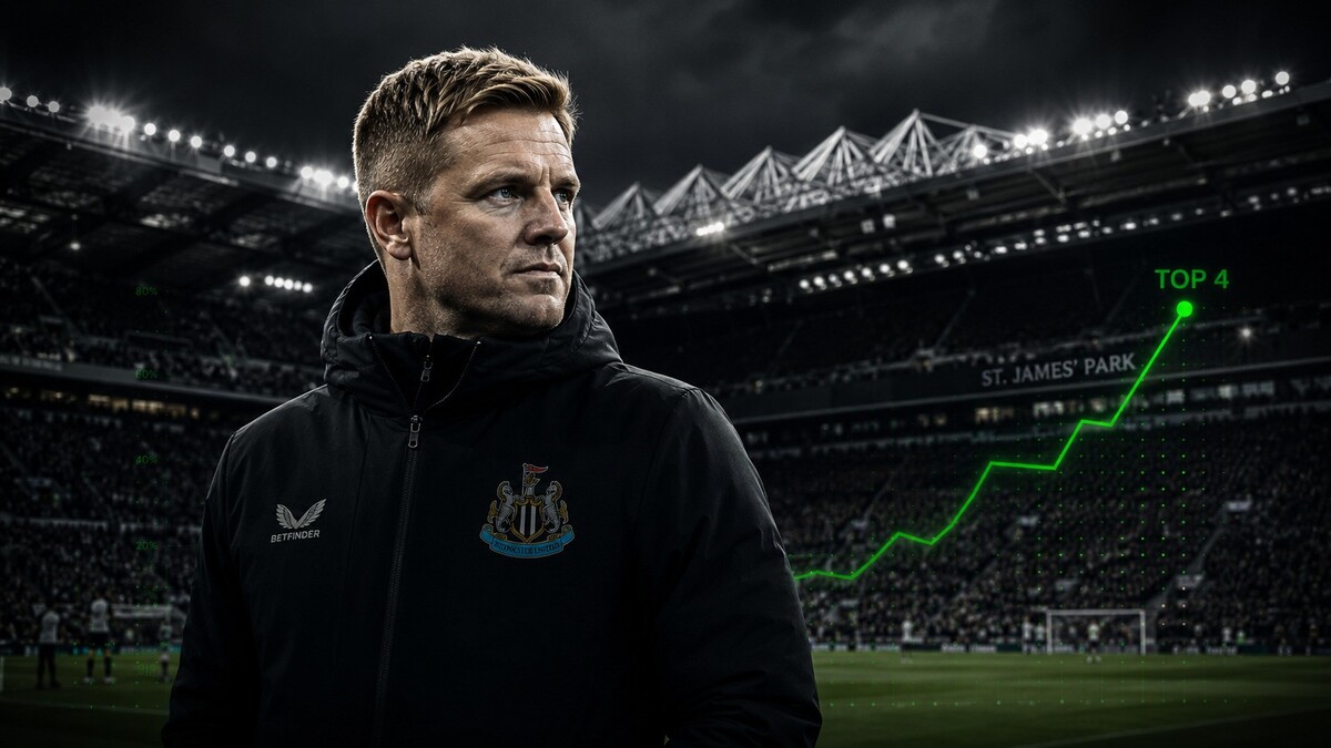 Eddie Howe at St James’ Park with green top four betting graphic