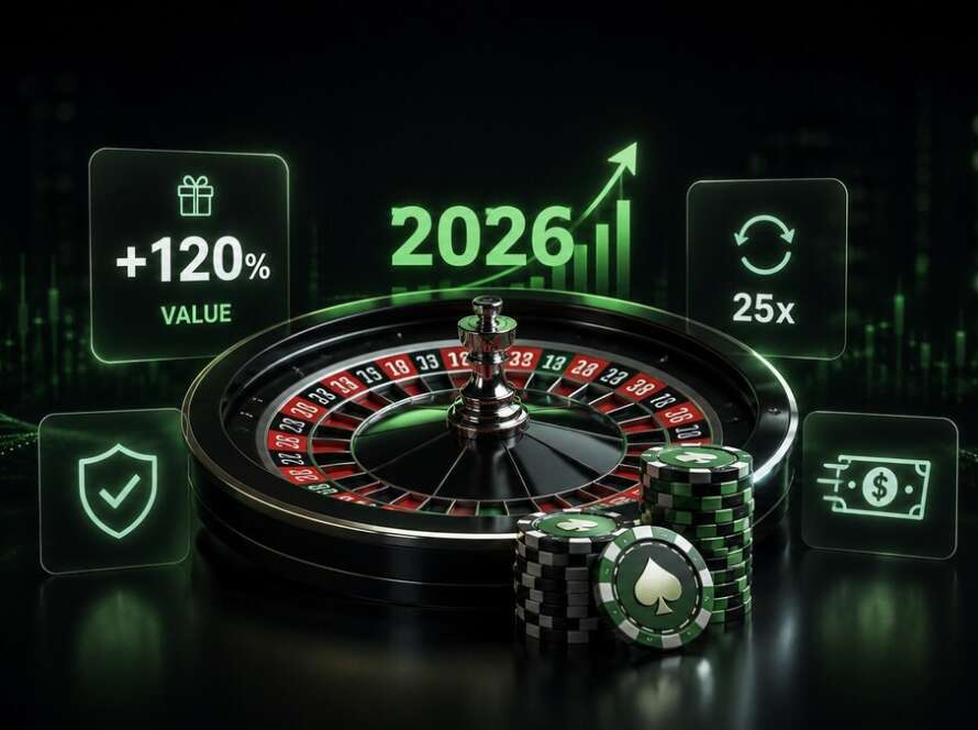 Online casino value graphic with roulette wheel, bonus terms, payout icons and 2026 data cues