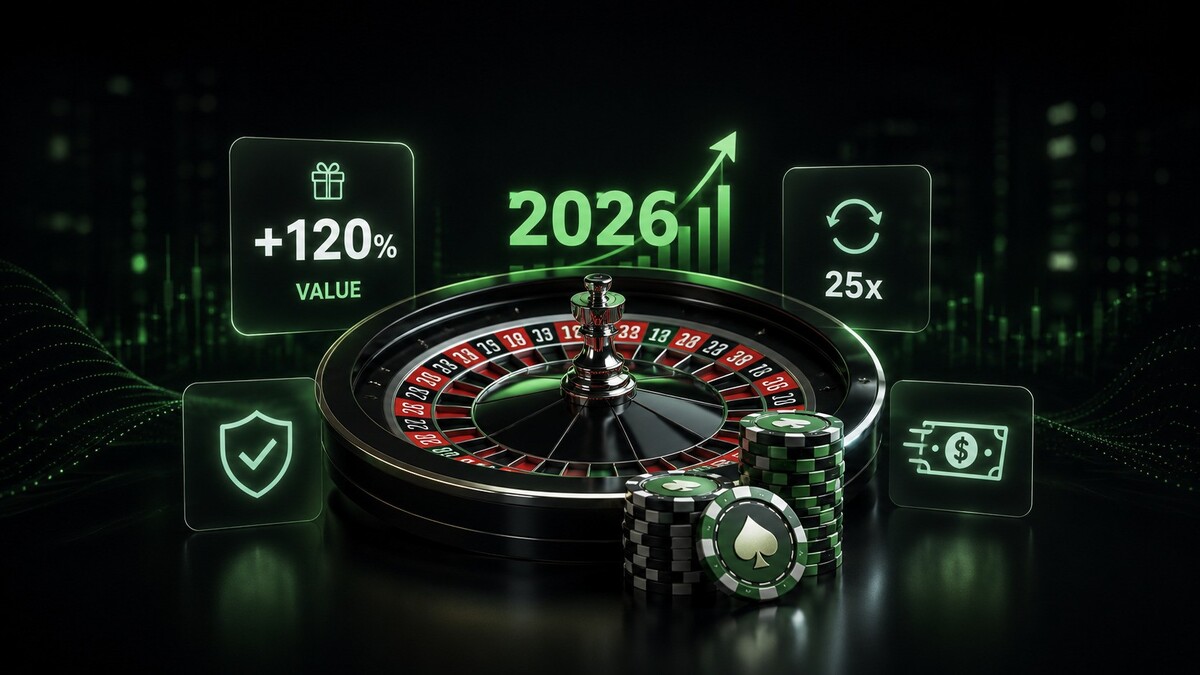 Online casino value graphic with roulette wheel, bonus terms, payout icons and 2026 data cues