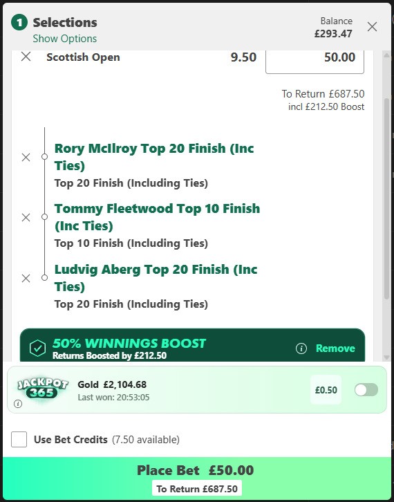 Bet365 Scottish Open bet builder slip with Rory McIlroy Top 20, Tommy Fleetwood Top 10, and Ludvig Åberg Top 20
