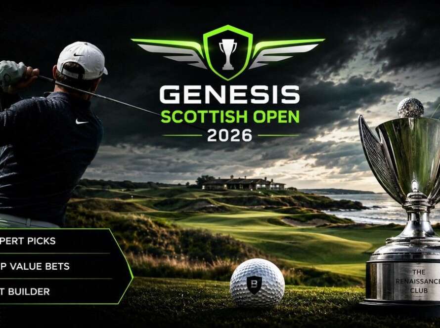 Scottish Open betting tips 2026 with golfer, trophy, and Betfinder golf picks graphic
