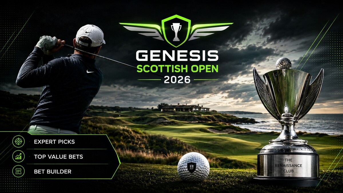 Scottish Open betting tips 2026 with golfer, trophy, and Betfinder golf picks graphic