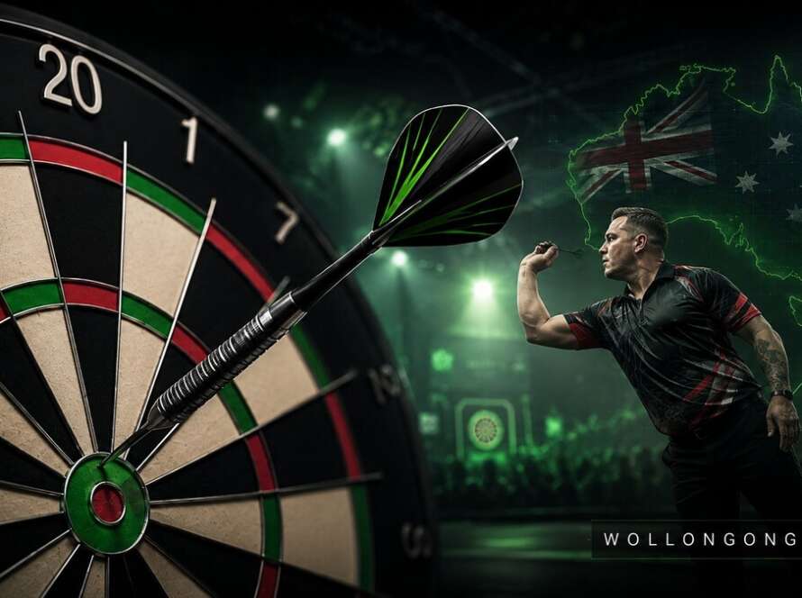 Gerwyn Price throwing at the Australian Darts Masters 2026 in Wollongong