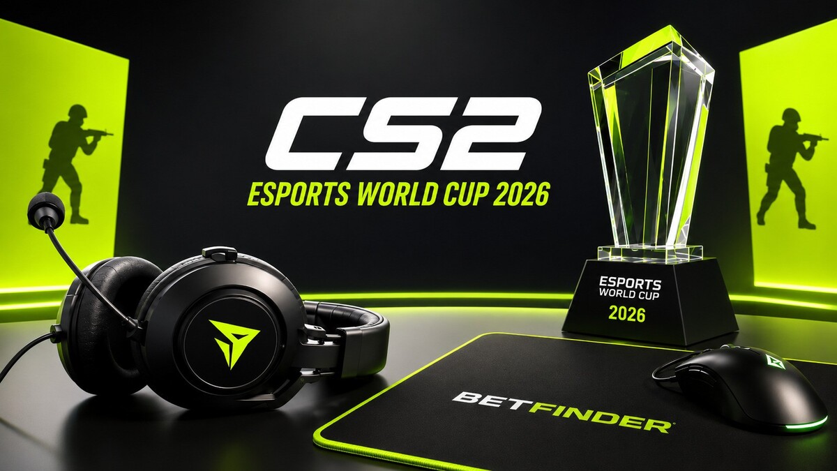 CS2 Esports World Cup 2026 trophy and gaming setup