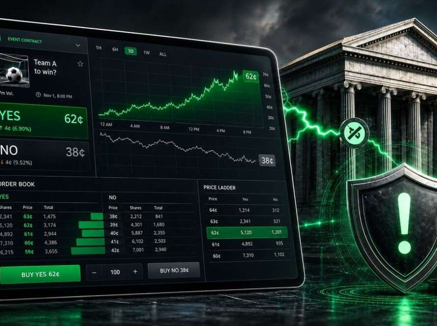 Polymarket prediction markets and banking risk illustrated with a trading screen and bank