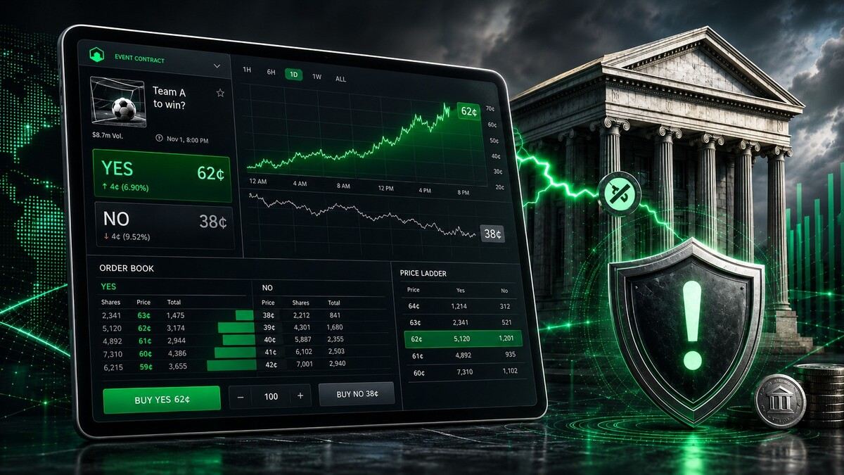 Polymarket prediction markets and banking risk illustrated with a trading screen and bank