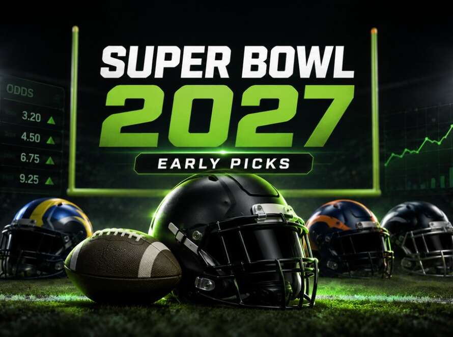 Super Bowl 2027 picks featured image with NFL helmets, goal posts and betting odds graphics