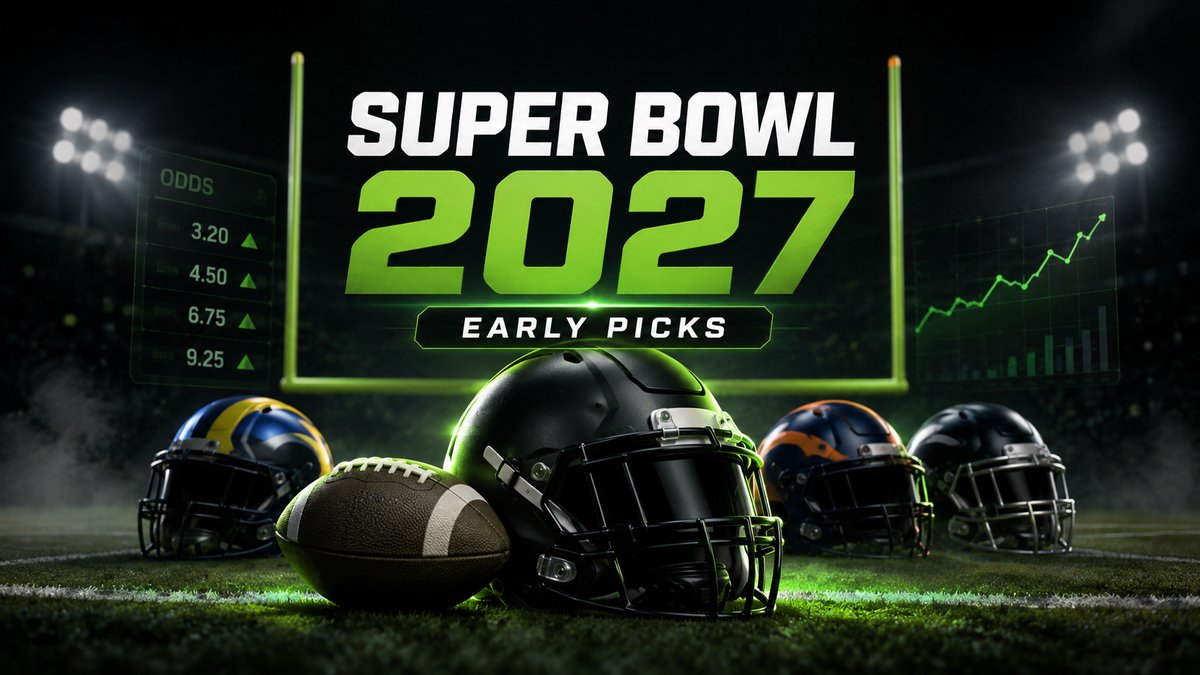 Super Bowl 2027 picks featured image with NFL helmets, goal posts and betting odds graphics