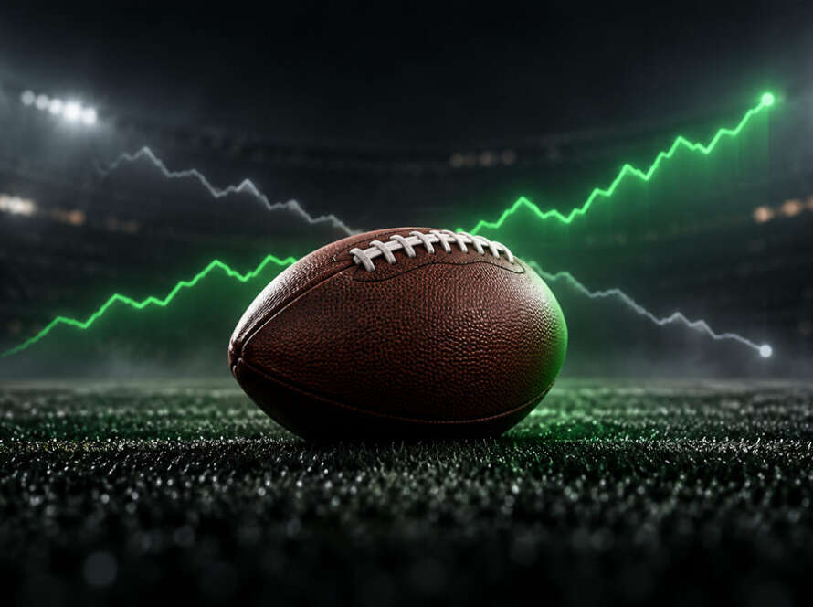 American football on a dark field with rising and falling odds lines