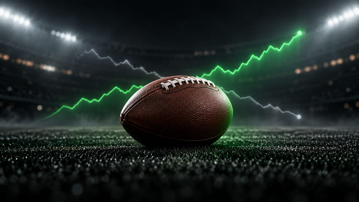 American football on a dark field with rising and falling odds lines