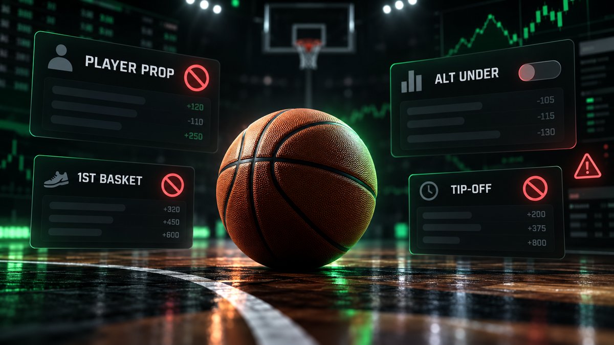 Basketball with restricted player prop betting markets displayed on digital odds panels
