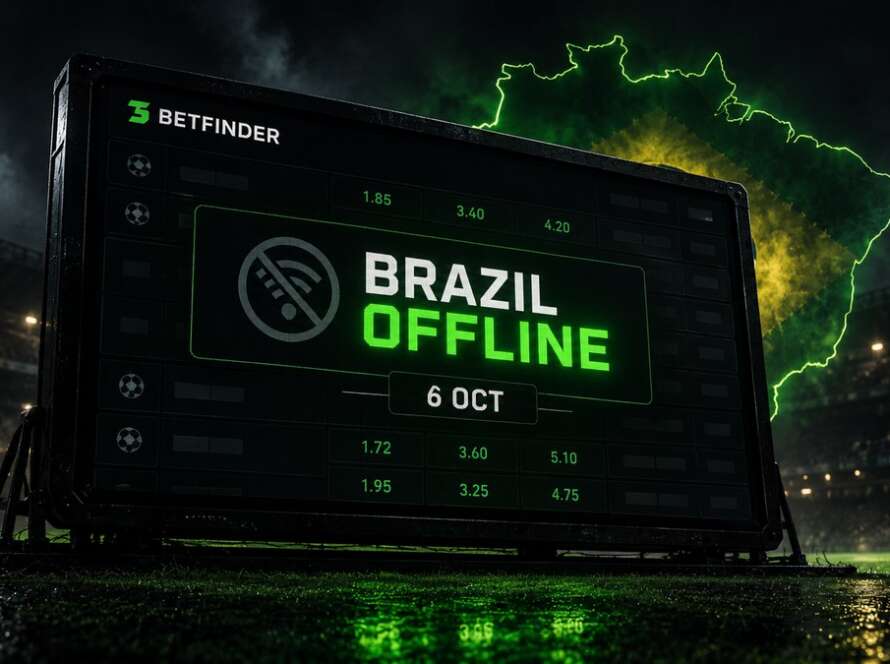 Brazil betting ban graphic showing a sportsbook odds board marked Brazil Offline on 6 October