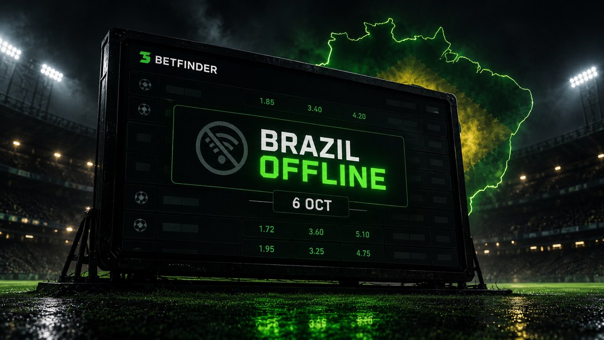 Brazil betting ban graphic showing a sportsbook odds board marked Brazil Offline on 6 October