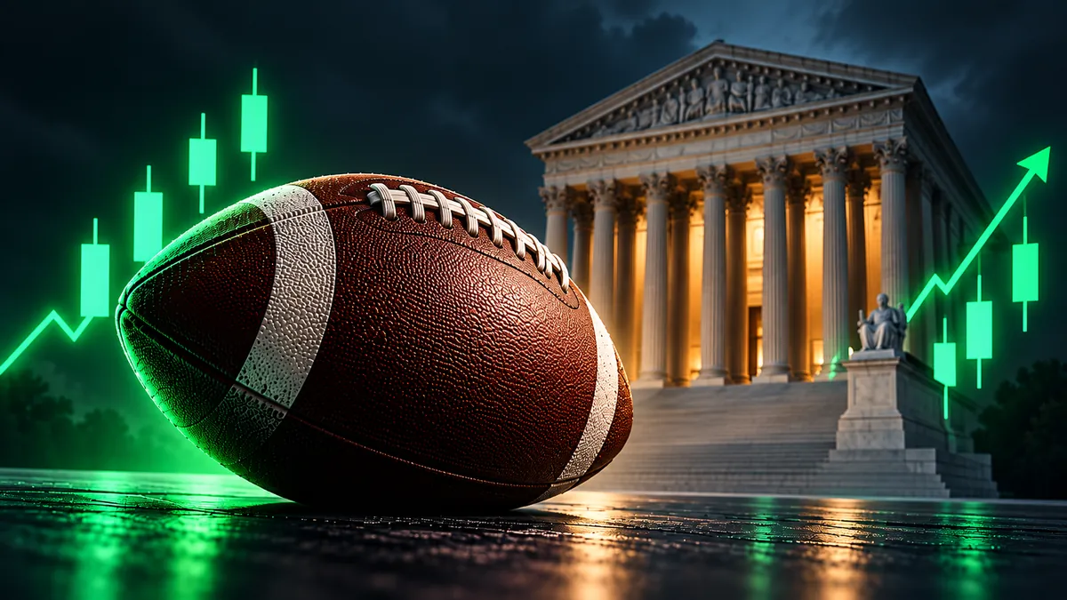 American football outside the US Supreme Court with green trading charts representing NFL prediction markets