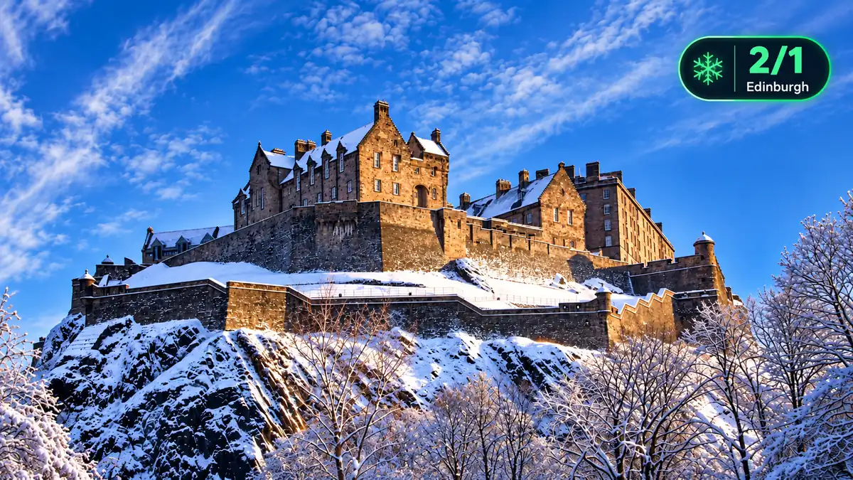 Snow-covered Edinburgh Castle with 2/1 White Christmas betting odds graphic.